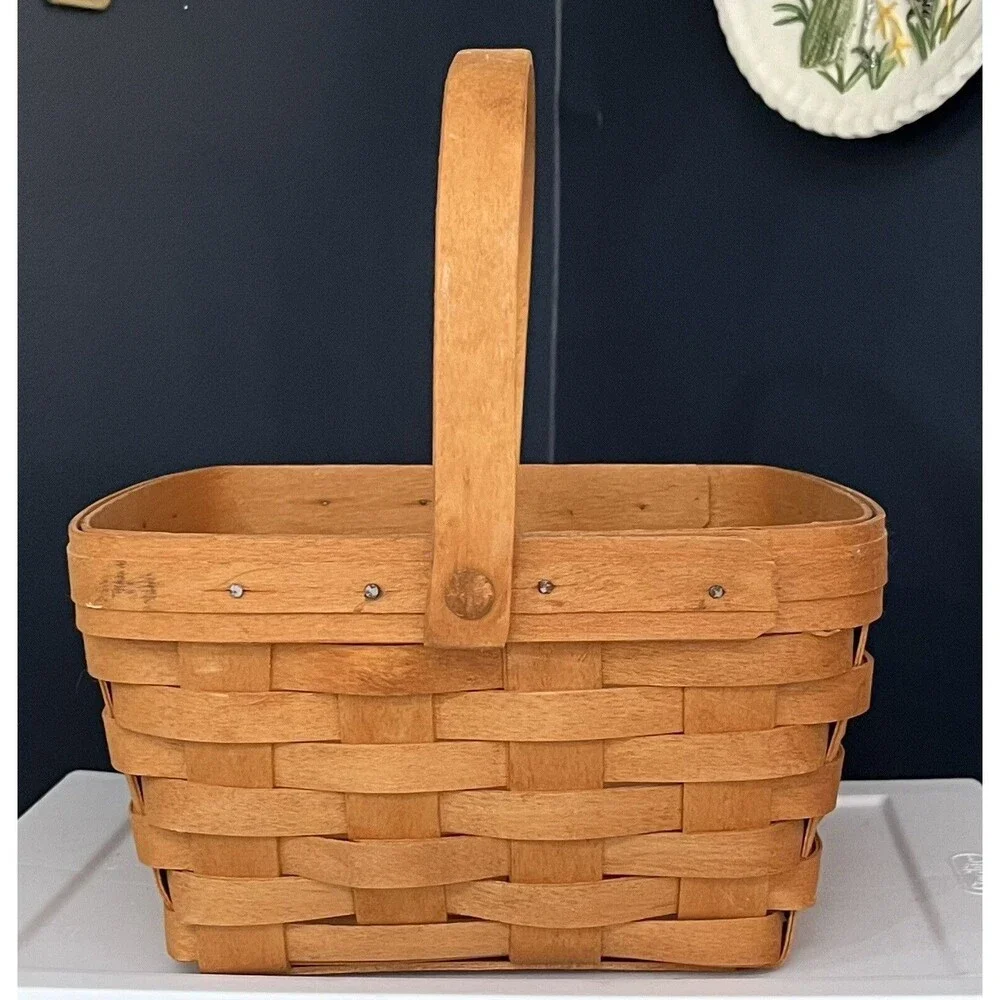 Small Longaberger Basket Wood Wooden Handled Signed Basketweave 9in